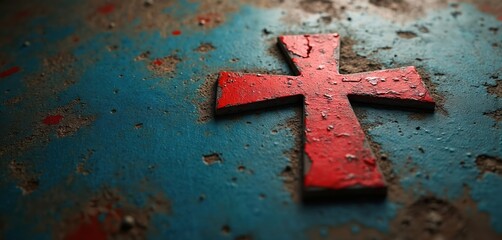 Red cross symbol on rough textured blue and brown surface. Aged paint on cross shows wear and tear. Deep contrast colors create striking visual impact.
