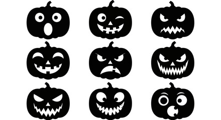 A collection of nine black silhouette Jack-o'-lantern faces, showcasing a variety of spooky and funny emotions for Halloween vector designs