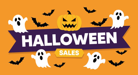 Festive Halloween sales banner advertising a special promotion with cartoon ghosts, flying bats, and a jack-o-lantern on an orange background