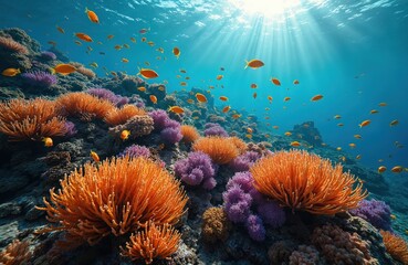 Obraz premium Vibrant coral reef environment teeming with marine life. Sunlight streams through crystal clear blue water creating underwater paradise. Various fish species swim around colourful coral formations.