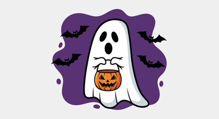 Cute cartoon ghost character holding a jack-o'-lantern pumpkin basket for trick-or-treating, surrounded by spooky bats on a purple background