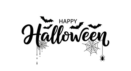 Happy Halloween calligraphic text with flying bats and spiderwebs. Festive spooky holiday vector greeting illustration on a white background