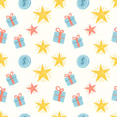 Seamless pattern of watercolor gifts stars and dollar coins.