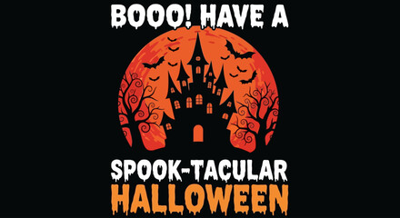 Vector graphic of a creepy mansion on a hill with a colony of bats set against a textured orange harvest moon for Halloween