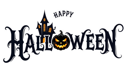 Ornate calligraphic Happy Halloween greeting with an evil pumpkin and a haunted mansion. Isolated holiday typography vector design