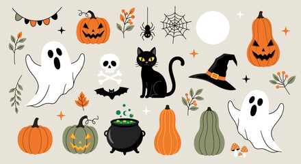 A cute collection of various Halloween vector icons and spooky clipart elements isolated on a background