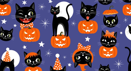 A charming seamless pattern of playful black cat characters celebrating a magical Halloween night with winking expressions and festive pumpkins