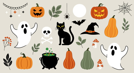 A festive collection of cute Halloween clip art icons featuring jack-o'-lanterns, ghosts, a black cat, and spooky design elements