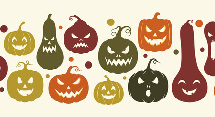 Seamless horizontal border pattern of assorted jack-o'-lanterns with spooky carved faces, a festive Halloween vector illustration