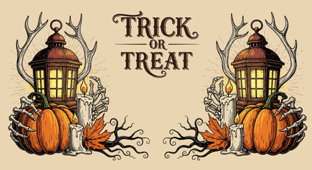 Vintage Halloween greeting with skeleton hands holding glowing lanterns, pumpkins, and antlers. Spooky Trick or Treat illustration