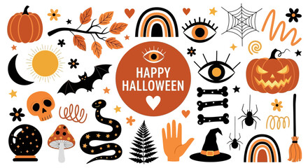A collection of modern boho Halloween clip art elements including pumpkins, bats, and mystical symbols. Vector illustration set for spooky season