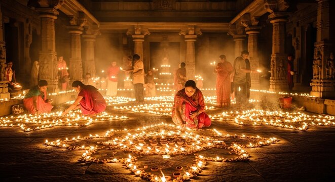 People lighting diyas inside an Indian temple the floor is covered in lit oil lamps in a decorative design