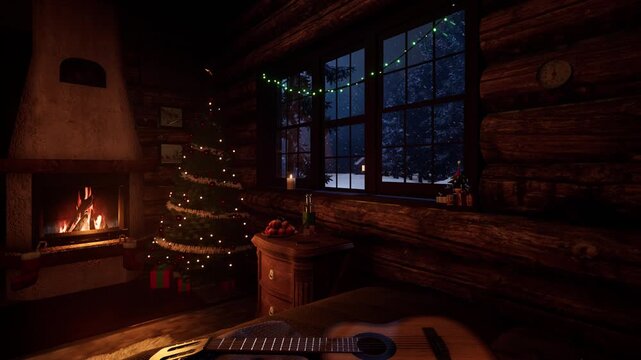 A cozy and warm atmosphere by the fireplace in a forest house with snow falling outside on Christmas Eve and New Year's Eve. A 3D animated background for the Christmas holidays.