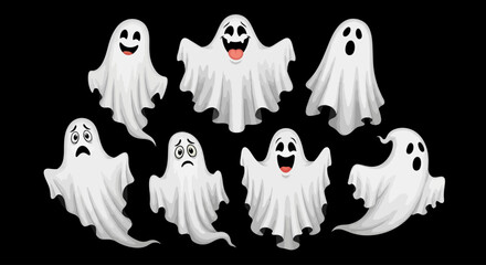 A collection of cute cartoon ghost characters with various spooky and funny expressions for Halloween design elements