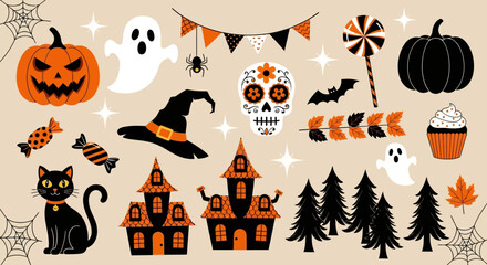 A vibrant vector collection of traditional Halloween party clip art icons for a fun seasonal celebration