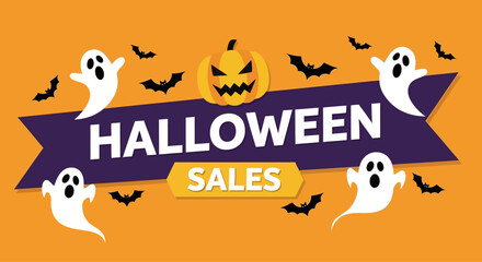 Festive Halloween sales banner with cartoon ghosts, bats, and a jack-o'-lantern on an orange background. Spooky holiday vector graphic
