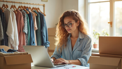 Curly woman works on laptop in fashion store. Female entrepreneur checks online orders, manages small business. Clothes hang on rack. Parcels with garments ready for shipping. Modern workplace in