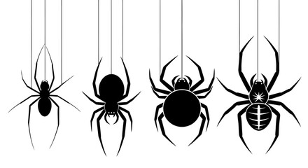 Set of black spider silhouettes hanging from web threads. A vector collection of various arachnid icons isolated on a white background for design