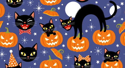A fun and festive Halloween repeating background illustration with animated black felines and glowing jack-o'-lanterns under a moonlit sky