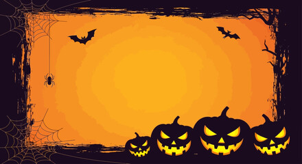 Spooky Halloween background illustration with glowing jack-o'-lanterns, scary bats, and a spiderweb grunge border