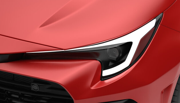 Close-up of the front headlight detail of red colored modern hatchbag car on transparent background.