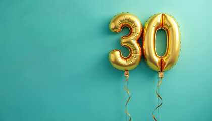 Golden number 30 balloons float on a turquoise background. These foil balloons celebrate a thirtieth birthday anniversary or special milestone occasion with festive ribbons. Great for party invites.