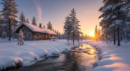 Cozy cabin by a stream in a snowy forest at sunset