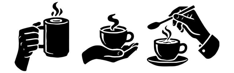 Coffee Hand Silhouette Set – Morning Beverage, Hot Drink, Caffeine Lover Flat Vector Illustration
