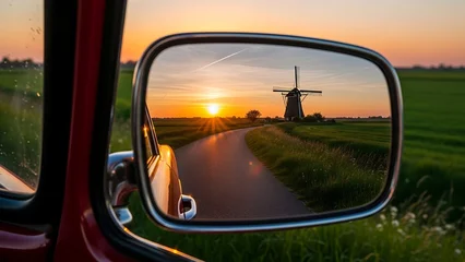 Poster Oldtimers Vintage Car Mirror Reflecting Windmill on Road at Sunset  © Hayyakallah