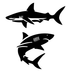 Set of Powerful Shark Silhouette Icons for Ocean Wildlife and Danger Concepts Flat Vector Illustration