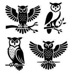 Set of Majestic Owl Silhouette Icons for Wisdom and Night Wildlife Concepts Flat Vector Illustration