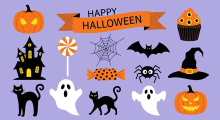 A vibrant set of classic spooky Halloween illustrations featuring pumpkins, ghosts, cats, and a haunted house