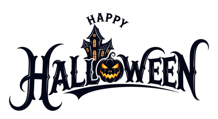 Vintage Happy Halloween calligraphic greeting design with a haunted mansion and a spooky jack-o'-lantern pumpkin