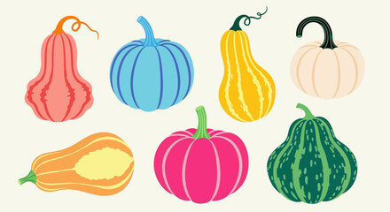 A vibrant and modern collection of autumn harvest pumpkins and gourds. A set of stylized squash in surreal, pop art colors, isolated on a background