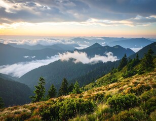 Fototapeta premium Sunset over mountain range, clouds in valleys, grassy foreground