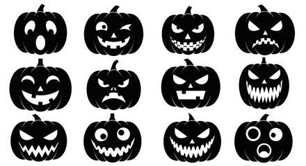 Spooky Halloween pumpkin face vector icon set. Black and white collection of jack-o-lantern emotional expressions