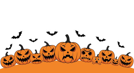 Spooky Halloween banner with a row of evil-faced jack-o-lanterns and flying bats on a white background