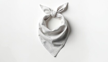 Studio shot shows grey bandana against white backdrop. Fabric scarf displayed as mock up. Textile accessory isolated on white surface. Design template.