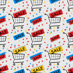 Vibrant pattern of shopping carts and sale signs for retail promotions.