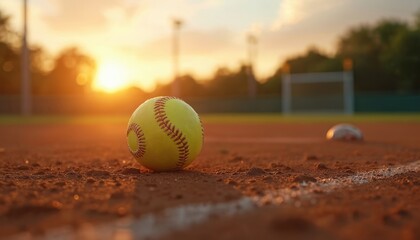 Softball sits on a dirt field under a warm sunset sky. The golden sun casts long shadows across the diamond as evening approaches. Game equipment rests on the dusty ground.