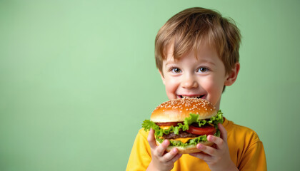 Happy little boy holding a big cheeseburger with lettuce and tomato. Child eating fast food hamburger. Young male kid enjoying tasty unhealthy meal on isolated green background.