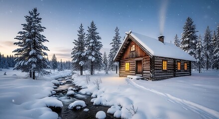 Cozy log cabin in a snowy forest with a stream at dusk
