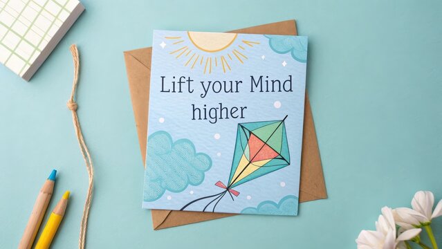 Greeting card with kite flying illustration and uplifting message