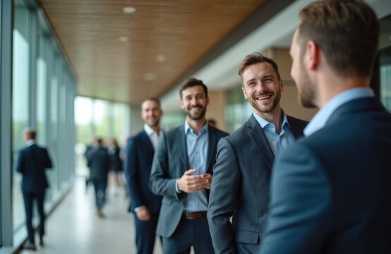 Three businessmen in suits talk and laugh in a modern office hallway. They are networking at a corporate event or conference. Colleagues engage in friendly conversation during a break. - Powered by Adobe