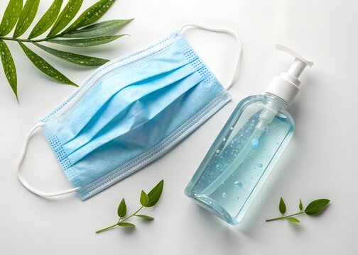 Essential safety kit of face mask and hand sanitizer for a health-conscious lifestyle to help prevent the spread of germs and keeping healthy and safe - Powered by Adobe