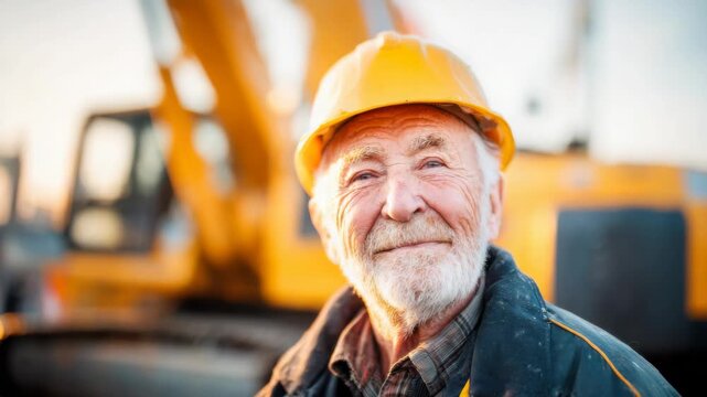 Elderly foreman at bustling construction site during sunset showcases pride and experience