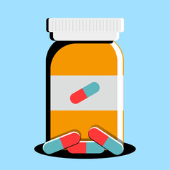 Capsules and Pill Bottle Illustration, Healthcare and Medicine Concept