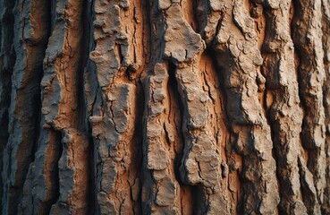 Naklejka premium Close-up macro view of rough textured tree bark with deep fissures and ridges. Natural brown and grey tones highlight intricate organic pattern. Ideal for background or design elements.