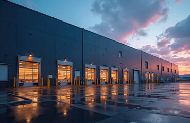 Exterior of modern warehouse illuminated at twilight. Sky reflects in wet ground. Logistic center building with loading docks at dusk. Industrial architecture at night time. Storage facility exterior.