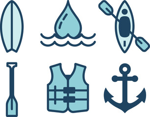 Water Sports Equipment Icons Including Surfboard and Kayak vector illustration